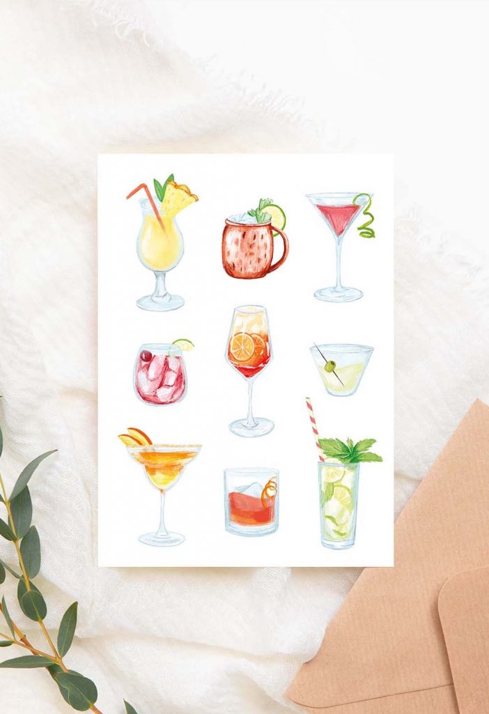Duurzame wenskaarten met cocktails. Hannah Illustreert