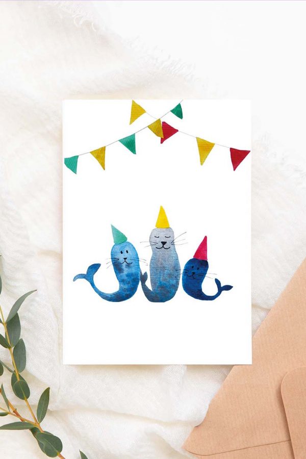 Wenskaartjes zeehondjes, verjaardag Hannah Illustreert collectie 2022