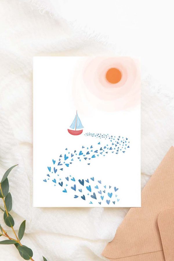 Wenskaartje zeilbootje, Hannah Illustreert collectie 2022