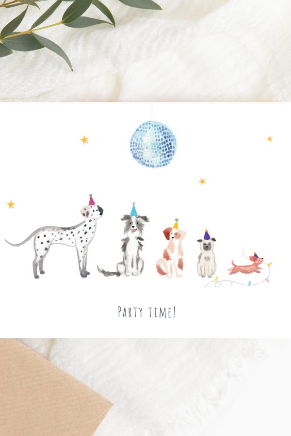 Vrolijk wenskaartje met dansende hondjes.