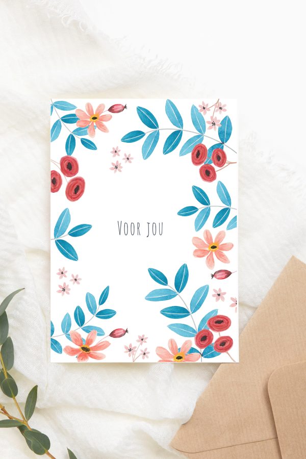 Wenskaartje met aquarelschildering van bloemen en takjes.